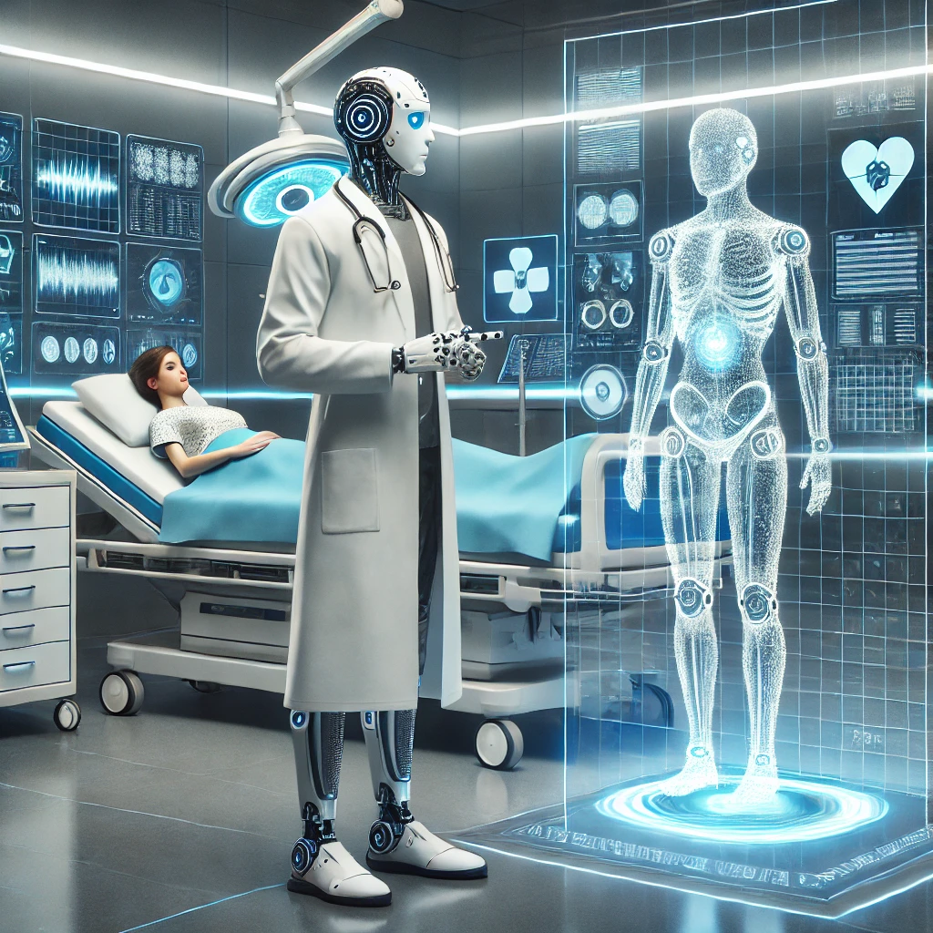 DALL·E 2024 09 08 21.34.11 A futuristic scene of an AGI Artificial General Intelligence acting as a doctor in a high tech medical facility. The AGI is represented as a humanoi 1