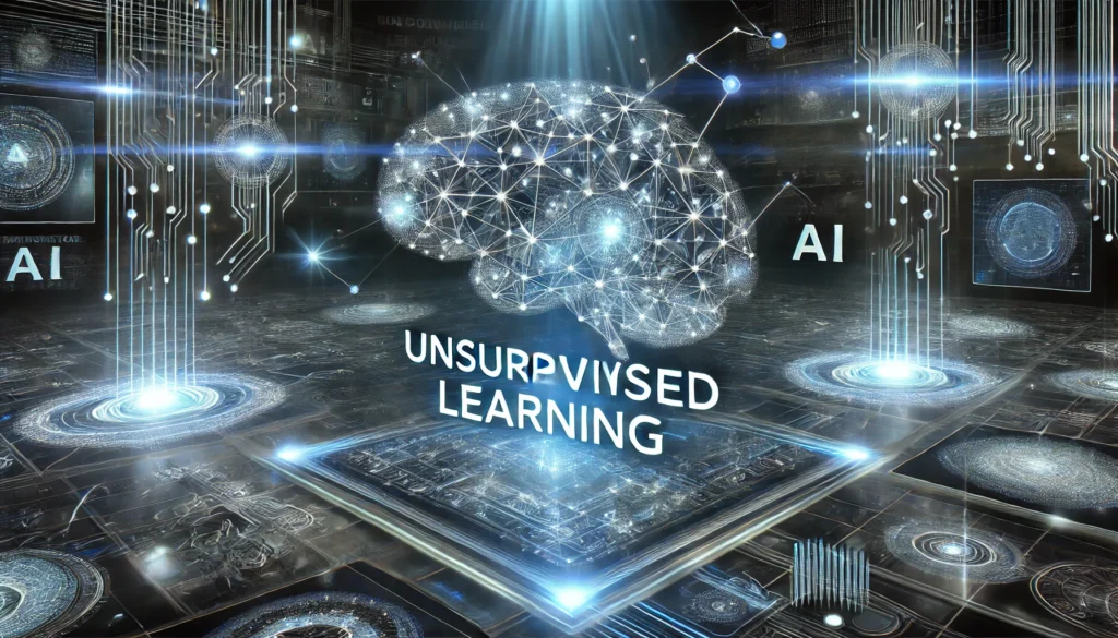 DALL·E 2024 10 28 20.20.26 A realistic depiction of an AI learning system in a futuristic digital environment illustrating the concept of unsupervised learning. The image featu