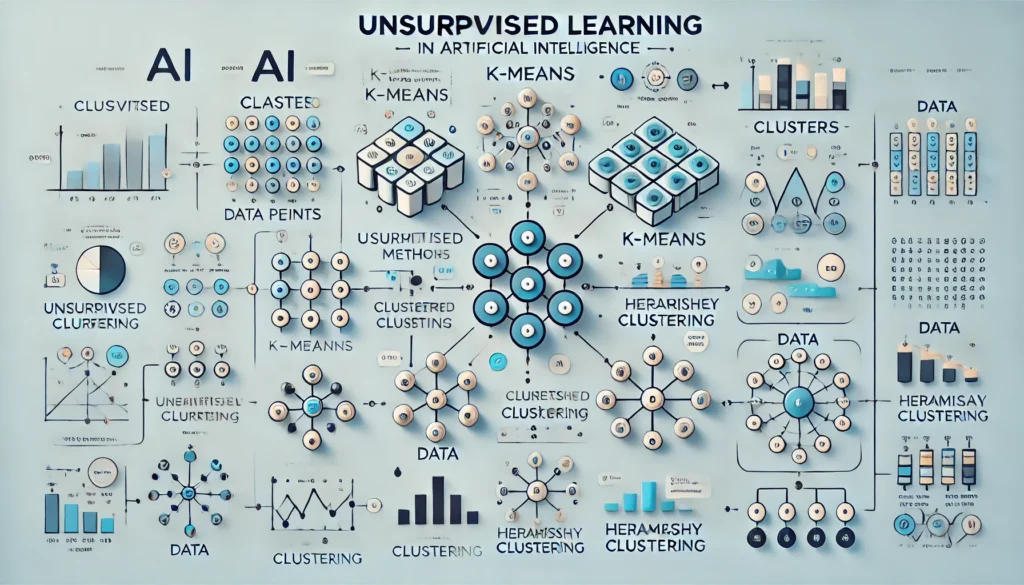 techdrifted A detailed modern diagram explaining unsupervised learning in artificial intelligence. The diagram includes representations of clusters and data poin