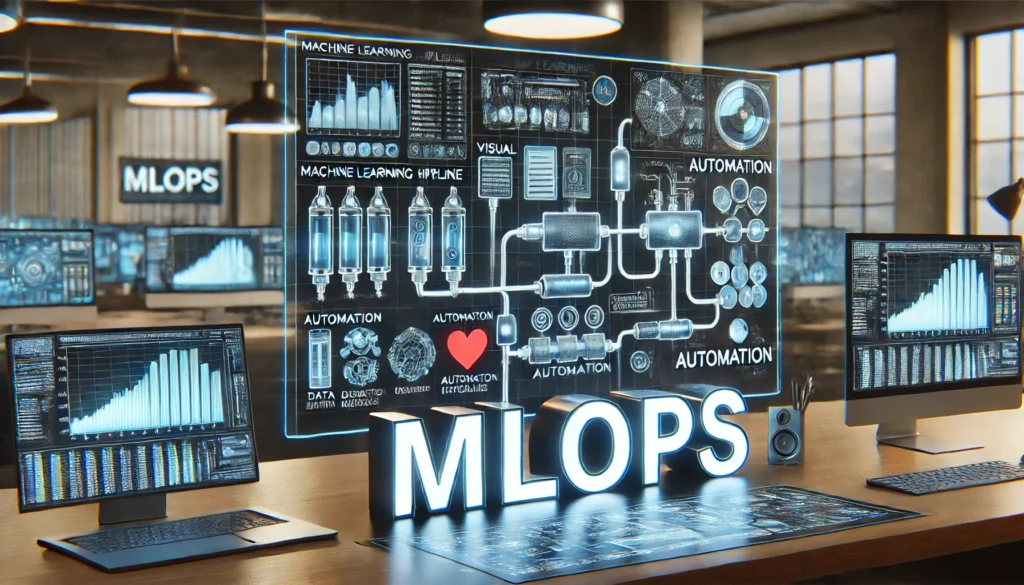 techdrifted A realistic feature image for a blog about MLOps featuring a sophisticated machine learning pipeline with visual data flow charts automation icons 1